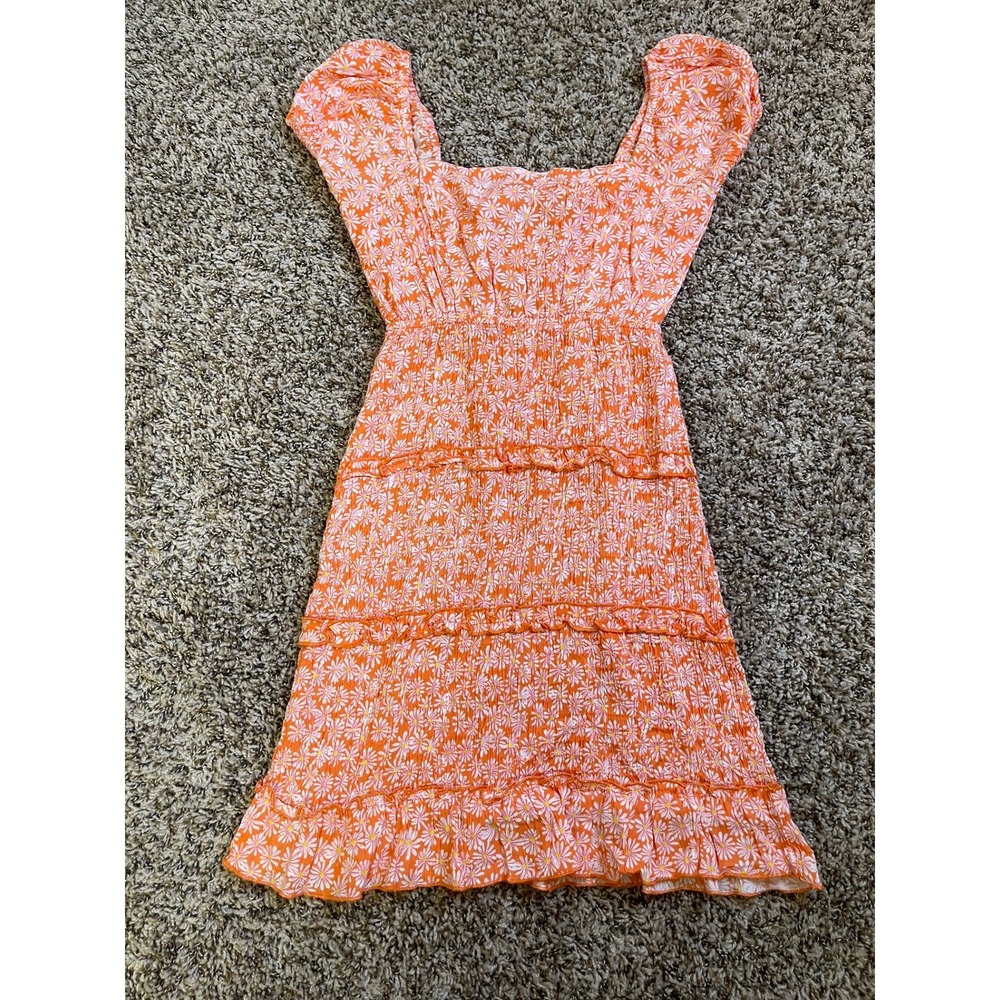 Sim & Sam Womens Small Dress Orange Daisy Floral Smocked Puff Sleeve Mini - Picture 4 of 11